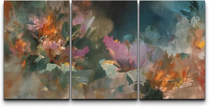 wall26 Canvas Print Wall Art Set Expressive Abstract Florals in Deep Greens and Warm Accents Illustrations Modern Art Decorative Multicolor for Living Room, Bedroom, Office - 24"x36" x 3