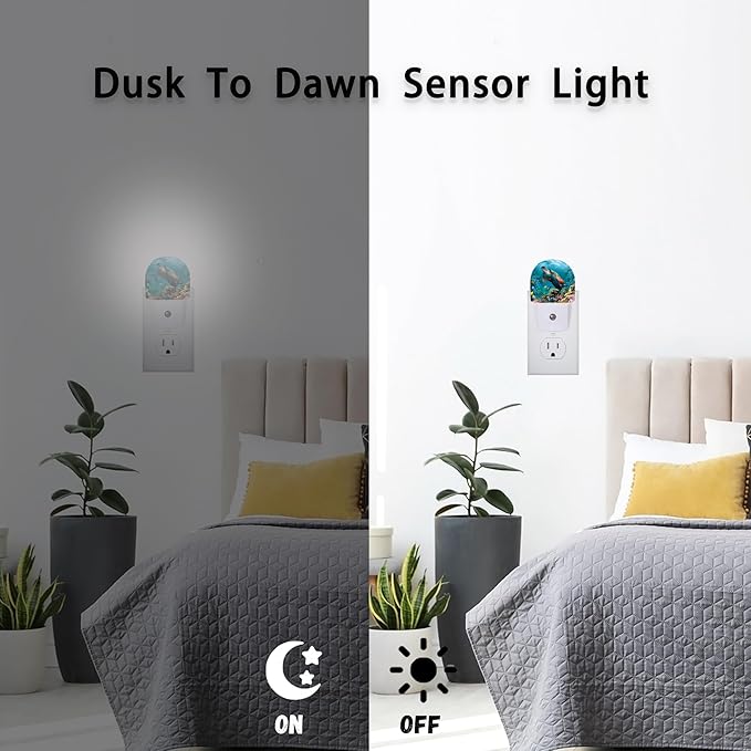 Underwater World Turtle Coral Night Lights Plug into Wall for Girls Boys Room,Night Light LED Lamp Dusk to Dawn Sensor Round Lamp for Bedroom Bathroom Hallway Home Wall Decor