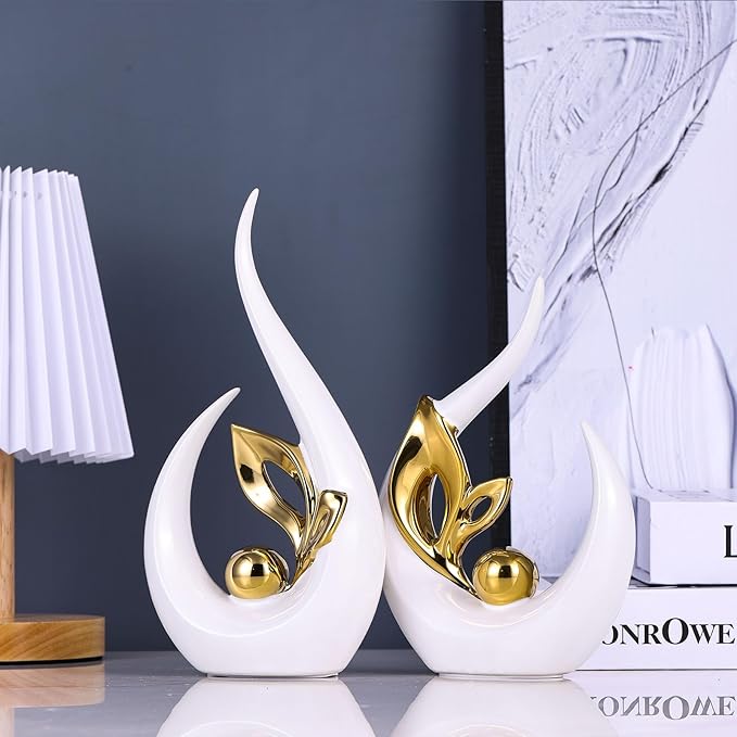 XMGZQ White Gold Ceramic Statues for Home Décor Accents,Abstract Art Mid Century Modern Decor,Elegante Centerpiece Table Decorations,Gold Sculpture for Entryway,Tv Stand,Mantel,Coffee Table