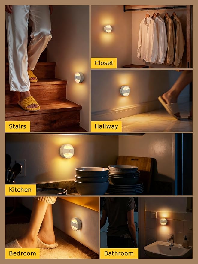 Smiling Shark BR168 Linkage Motion Sensor Night Light LED Smart Linked PIR & Light Sensing, Rechargeable Magnetic Stick-On Connected Smart Warm Night Step Lights for Bedroom Hallway Stairs, 2 Pack