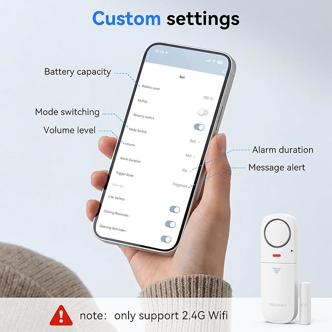 TECKNET Door Alarms When Opened, 2.4G WiFi Smart Door Sensor Alarm & Chime, App Alerts, Door Alarms for Kids Safety, Wireless Window Alarms for Home Security Systems for House, Pool, Sheds, 2 PCS