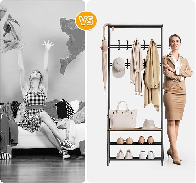 Jojoka 25" Coat Rack, Hall Tree with Shoe Bench and Storage, 4-Tier Shelf with 10 Hooks, Freestanding Metal Entryway Organizer for Hallway, Accent Furniture for Bathroom