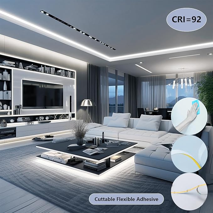 48V COB LED Strip Light 65.6ft, 6000K Cool White Flexible Cuttable LED Tape Lights 8W/M 480LEDs/M CRI 92 with AC 110V Power Supply for Bedroom Ceiling Living Room Commercial