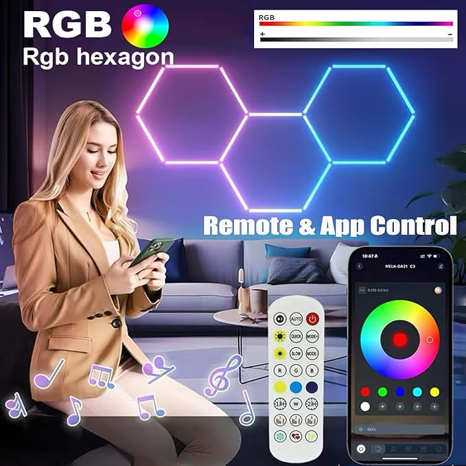 25Pack RGB 5 Hexagon LED Garage/Wall Lights, RGB 358 Kinds of Changes Dimmable Speed-Adjustable DIY Color-Changing Lights