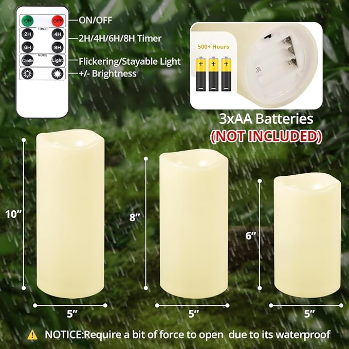 NURADA Large Outdoor Flameless Candles 6" 8" 10" x 5" - Waterproof LED Pillar Flickering Candle Battery Operated with Timer Remote for Patio Porch Lanterns - Ivory White Set of 3
