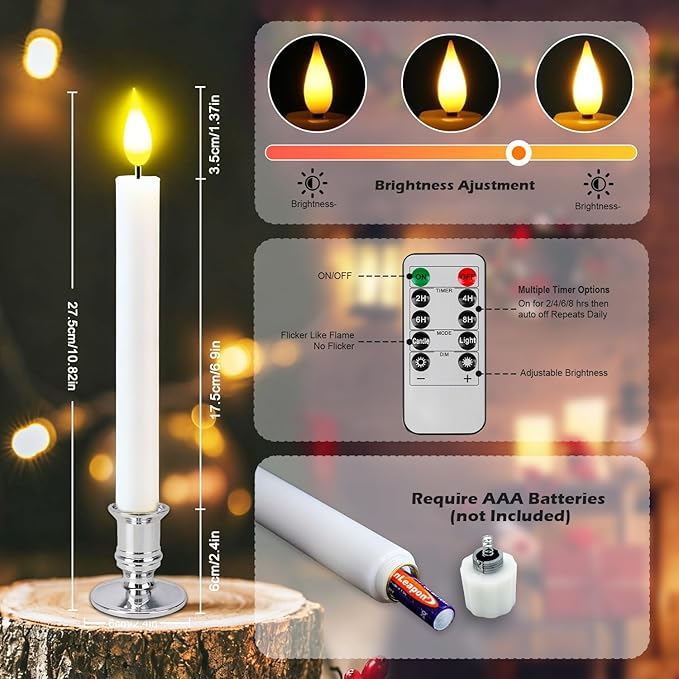 Pruk 10-Pack Flameless LED Candles w/Remote, Realistic Flickering Flame, Battery Operated Window Candles, Timer & Dimmer, Weighted Base, 10.8" Tall (Silver)