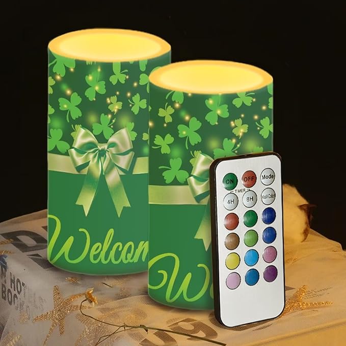 St Patricks Day Decor Flameless Candles Battery Candles with Remote Control Green Bow LED Pillar Candles Electric Fake Plastic Candles for Home Room Bedroom Holiday Decorations Set of 2