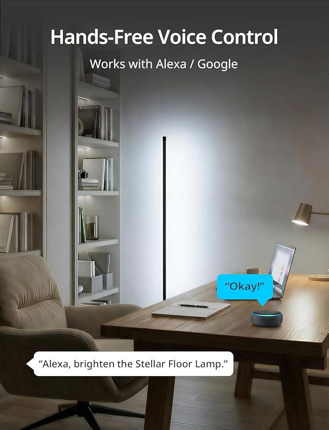 Ailofy Corner Floor Lamp, 1500lm RGBW LED Lamp, Alexa & Google Assistant Compatible, 16 Million DIY Colors, Music Sync, App Control, Modern Smart Floor Lamp for Living Room, Bedroom, Black