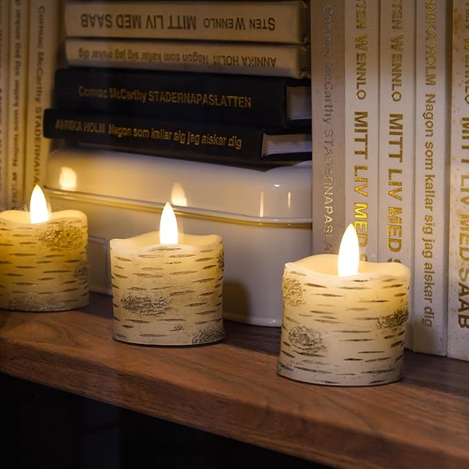 Rhytsing 2" White Birch Bark Flameless Votive Candles with Timer, Real Wax Led Faux Battery Operated Tealight Candles for Christmas and Weddings - Set of 4