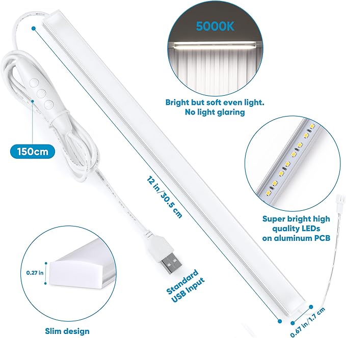 Litever Plug Under Cabinet Light Kit with Power Adapter, Dimmer, 2 pcs 12 Inch USB LED Light Bars. Dimmable Linkable for Kitchen Counter, Workbench, Coffee Station, Workspace, Closet. Daylight 5000K