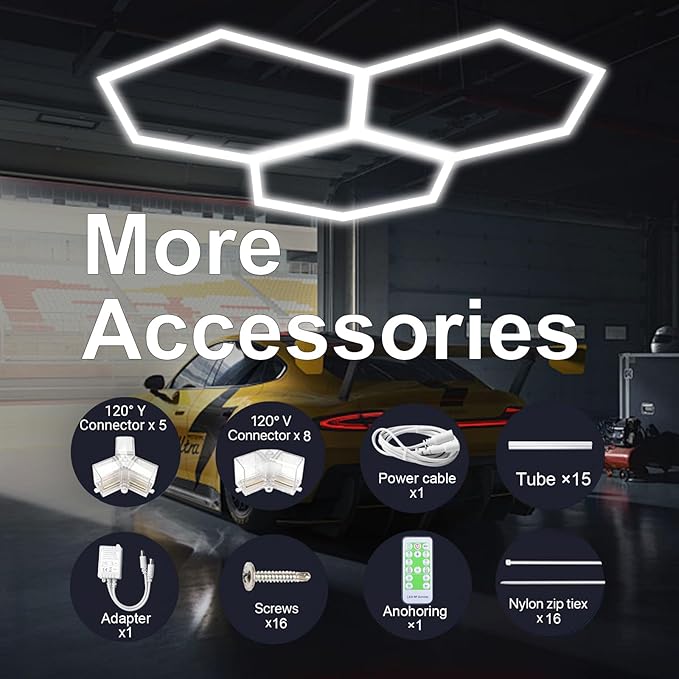 Dimmable Garage Hexagon Lights, 45W 6500K 24V Dimmable Higher Brightness Hex Garage Lights, Plug and Play for Warehouse Workshop Gym Basement Car Care Wash Room （with Remote Control）