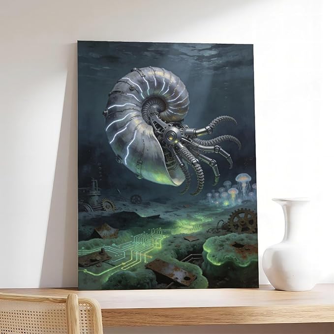 Framed Steampunk Mechanical Nautilus Wall Art - Underwater Industrial Poster for Man Cave Studio Decor 20x30inch(50x75cm)