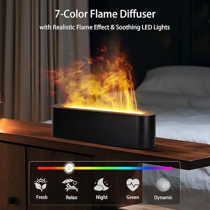 Essential Oil Diffuser, 180ml Flame Aroma Diffuser Humidifier, Ultrasonic Fireplace Aromatherapy Diffuser with 7-Color LED Light, Timer, Auto-Off for Bedroom Home & Room Decor(White)