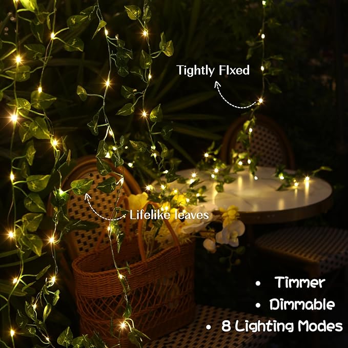 2 Pack Vines with Fairy Lights 40ft 120 LED Pothos String Lights USB Plugin & Battery Operated Leaf Lights with Timer 8 Modes Remote Decorative Light for Bedroom Wedding Party - Warm White