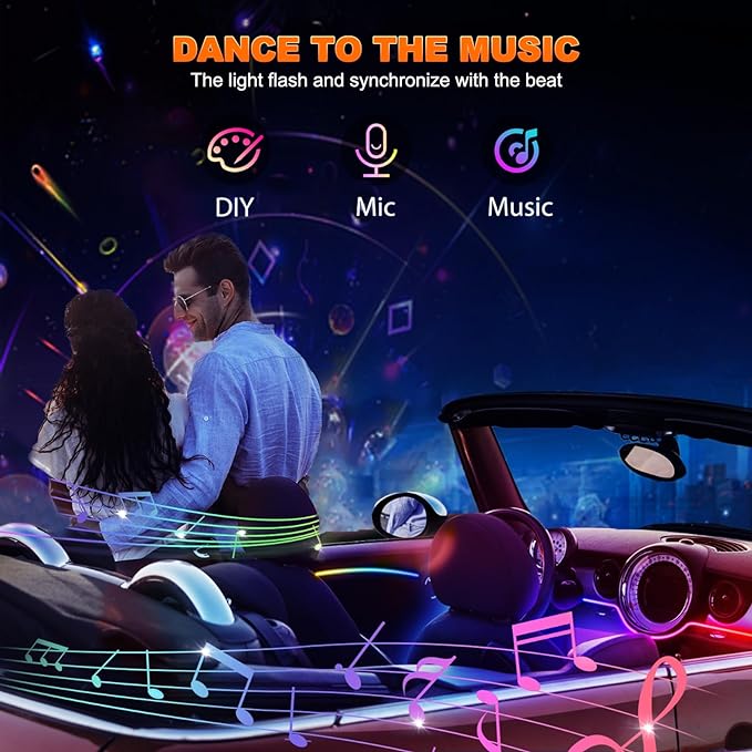 Interior Car LED Strip Lights, Acrylic LED Lights for Car with Dynamic Dreamcolor Chasing, Ambient Lighting Kits Music Sync Wireless APP and RF Remote Control (8 in 1)