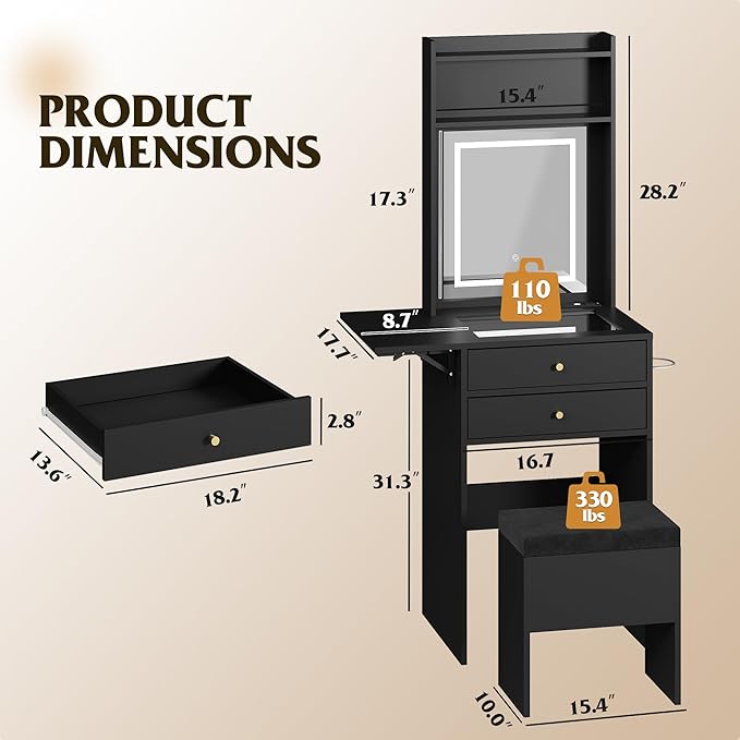 WLIVE Small Black Vanity Desk with Mirror and Lights, Compact Makeup Vanity Set with Fold-up Panel and Chair, Dressing Table with Charging Station for Small Space, Bedroom