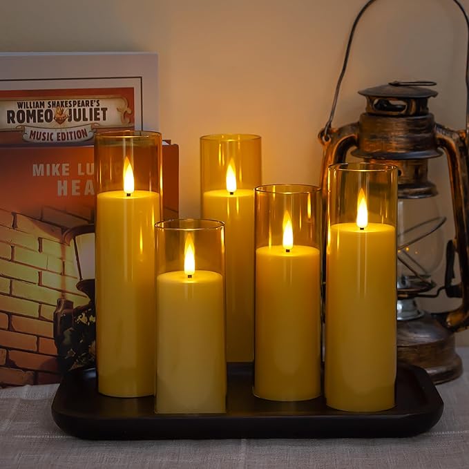 Acrylic Flameless Flickering Candles with Remote Control and Timer, Battery Operated LED Fake 2.2" x 5",6",7",8",8" Plastic Pillar Candles for Home Decor(Long-Lasting, Gold)