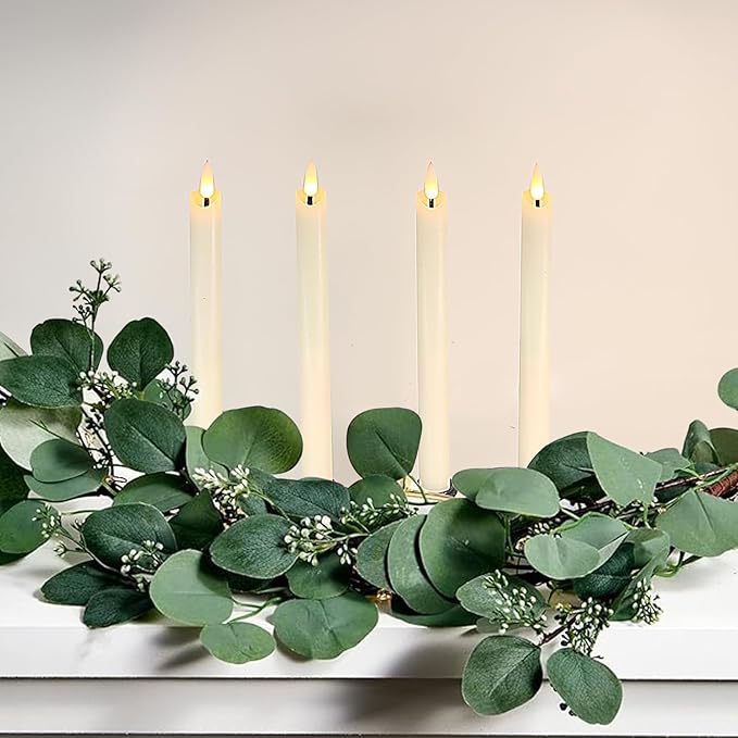salipt Flameless Ivory Taper Candles Flickering with Timer and 10-Key Remote, Battery Operated LDE Warm 3D Wick Light Window Candles Real Wax Pack of 4, Christmas Home Wedding Decor(0.78" X 9.64")