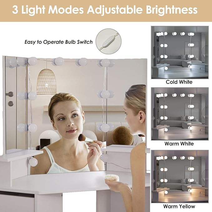 Vabches Corner Vanity Desk with Lighted Mirror & Power Strip,White Makeup Vanity Table with Lights,42 inch Corner Vanity Mirror with Lights and 4 Drawer, 3 Lighting Modes, Brightness Adjustable