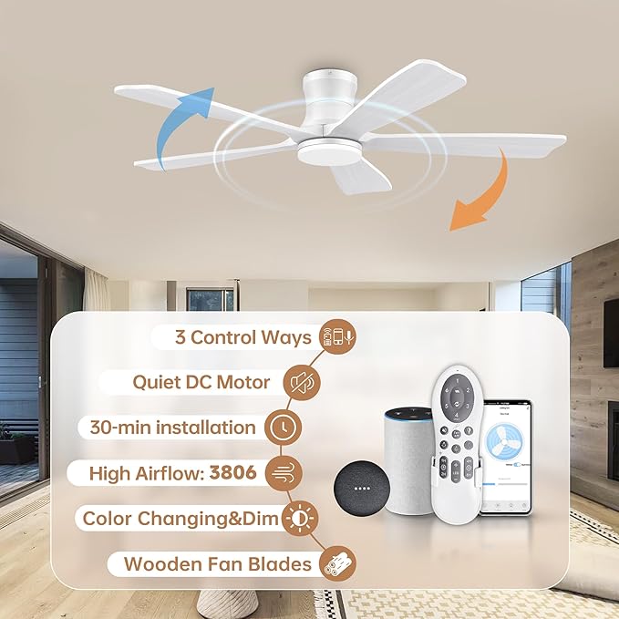 GentleBreeze 52" Wood Smart Low Profile Ceiling Fans with Lights Remote,Control via WIFI Alexa Google App,Quiet DC Motor,Outdoor Indoor Flush Mount Ceiling Fan for Modern Bedroom Patio Porch,White