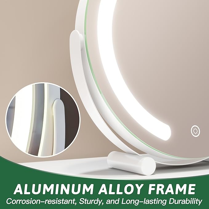 ROLOVE Vanity Mirror with Lights, 12 Inch Light Up Makeup Mirror, LED Makeup Mirror with Lights for Bedroom Tabletop, Smart Touch Control 3 Colors Dimmable, 360° Rotation, White