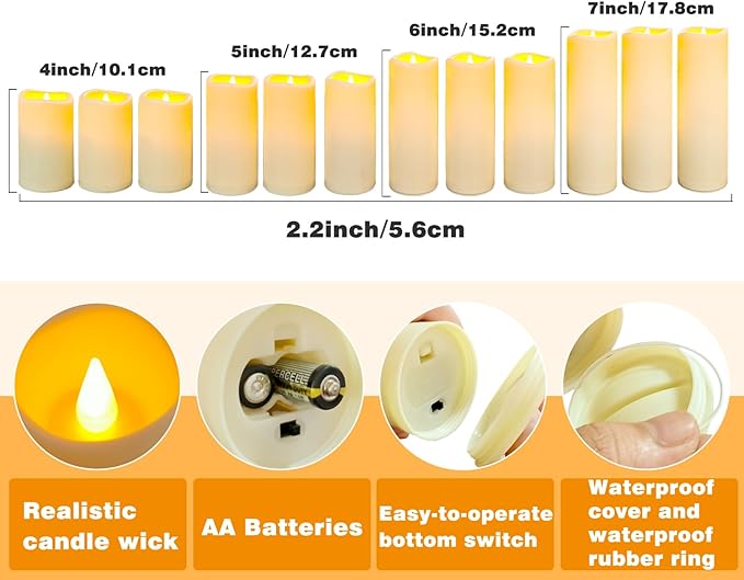 YIWER Plastic Waterproof Flameless Candles Set of 24: Battery Operated Candles Ivory Flickering Pillar Candles Include 4"/5"/6"/7" with 10-Key Remote 2/4/6/8H Timer Function