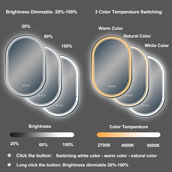 24''X36'' Oval LED Bathroom Mirror with Lights, Built-in Bluetooth Speaker, Anti-Fog Dimmable 3 Lights Setting Backlit + Front Lit, Lighted Vanity Makeup Wall Mirrors, Shatter-Proof IP65 Waterproof