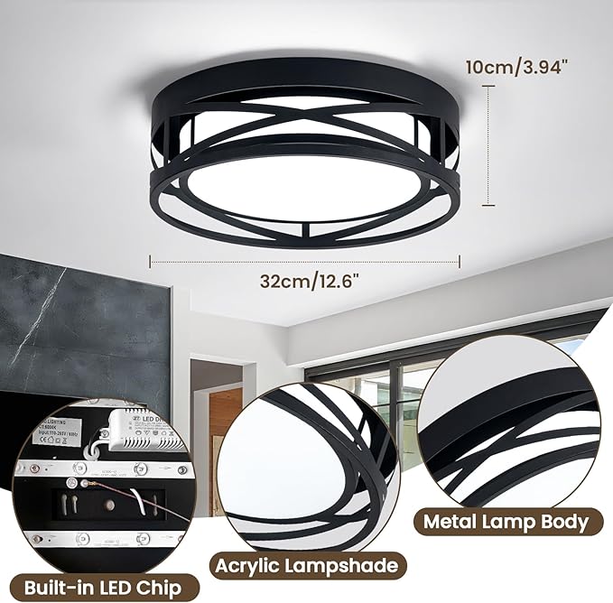 Modern LED Ceiling Light Fixture, 6000K Round LED Flush Mount Hallway Light Fixtures, Farmhouse Black Close to Ceiling Light for Hallway Bedroom Balcony Porch Stairway(Round, 12.6INCH)