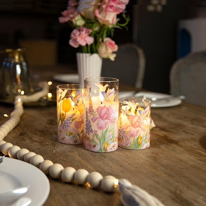 Flameless Candles with Remote, Battery Operated Glass Candles Hummingbird Flickering LED Electric Pillar Candles Real Wax Floral Christmas Decor Set of 3