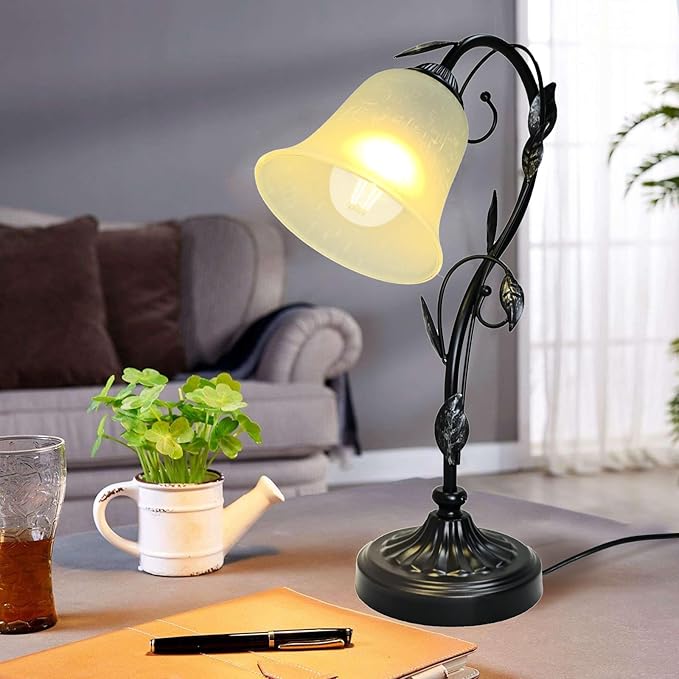 Touch Table Lamps, Flower Vintage Nightstand Lamp, Rustic Reading Bedside Light, Dimmable Farmhouse Stained Glass Lamp with USB for Bedroom Living Room, E26