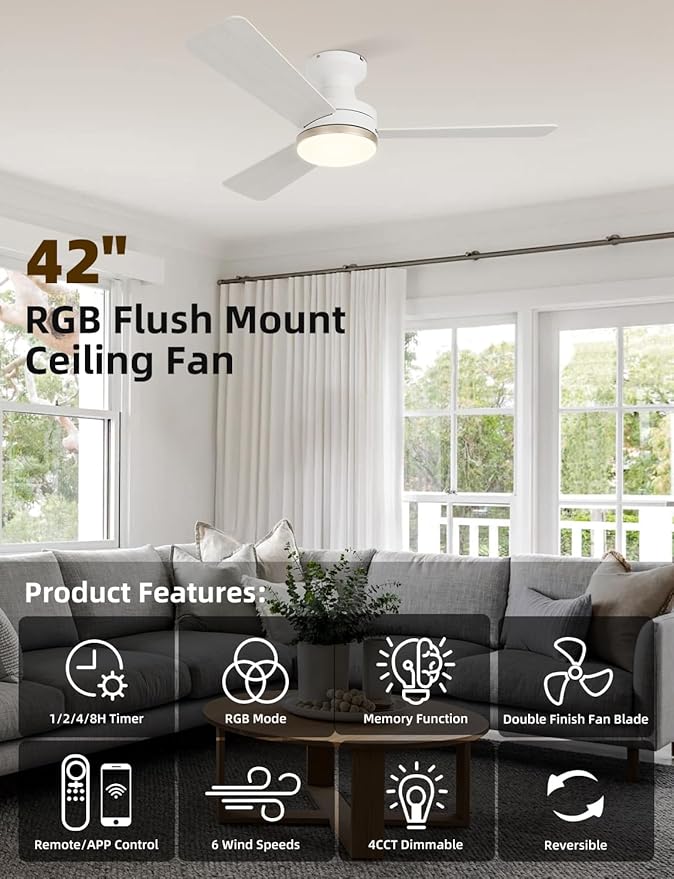 42" RGB Ceiling Fan with Light, Music Sync Smart Fan with Alexa/Google/App Control, Low Profile Flush Mount, 6-Speed Quiet DC Motor, 4 CCT Dimmable Lighting for Bedroom, Champagne Gold