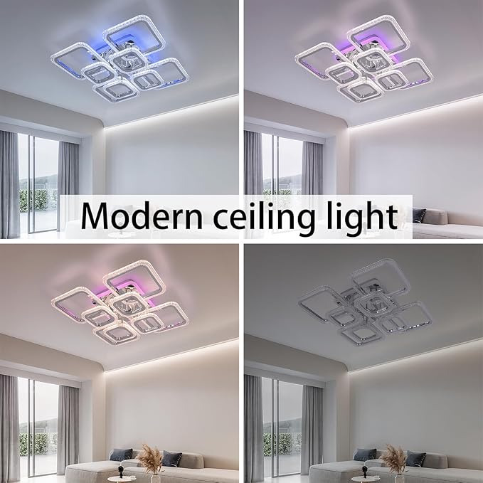 STCH Modern LED Ceiling Light Dimmable,23.6” Flush Mount Ceiling Light,8 Squares Chrome Acrylic Remote Control Chandelier Lighting Fixture for Living Room Office Dining Room Kitchen Bedroom,100W