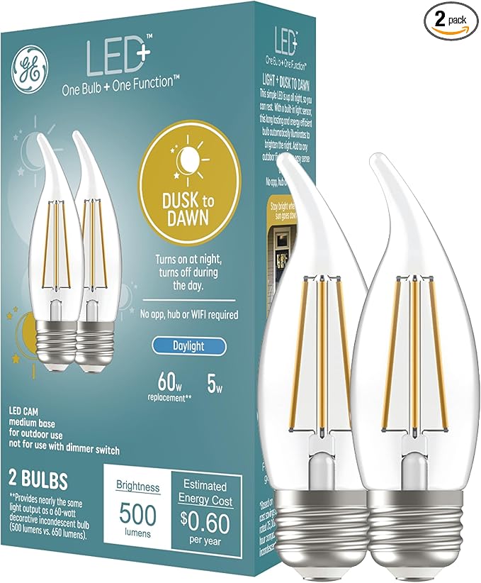 GE LED+ CA11 Dusk to Dawn LED Light Bulbs, Automatic On/Off Outdoor Security Lights, Daylight, E26 Medium Base (2 Pack)