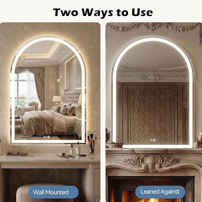 Sweetcrispy 24"×36" LED Bathroom Mirror with Lights, Arched Vanity Mirror with Anti-Fog, Dimmable, 3-Color Light, Memory Function, Tempered Glass
