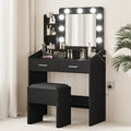 Vanity Desk with Lights and Mirror - Makeup Vanity Set with Power Outlet & USB Ports, 3 Lighting Modes, Adjustable Brightness, Includes 2 Drawers and Cushioned Stool, Small Dressing Table for Bedroom