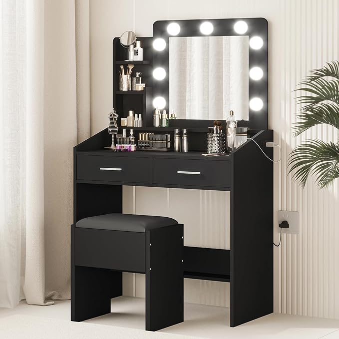 Vanity Desk with Lights and Mirror - Makeup Vanity Set with Power Outlet & USB Ports, 3 Lighting Modes, Adjustable Brightness, Includes 2 Drawers and Cushioned Stool, Small Dressing Table for Bedroom