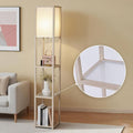Floor Lamp with Shelves, Modern Square Standing Lamp with Glass Shelves, Corner Display Shelf with Light, Tall Lamp with Shelves for Living Room, Bedroom, Office, Bookshelf, Whitewashed Oak