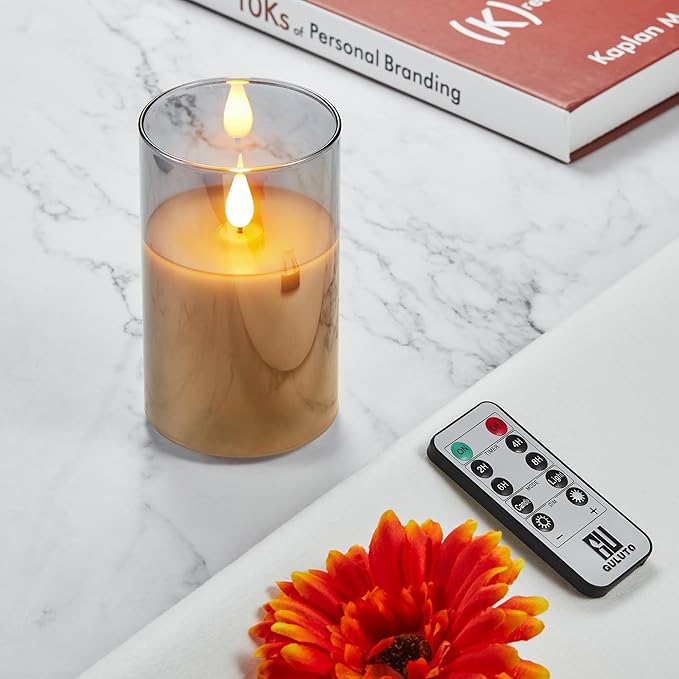 Glass Battery Operated LED Flameless Candles, Set of 2, D 3" x H 5", Real Wax Pillar Flickering Candles with Remote and Timer, Electronic Candle with 3D Wick for Festival Home Party Decor Grey