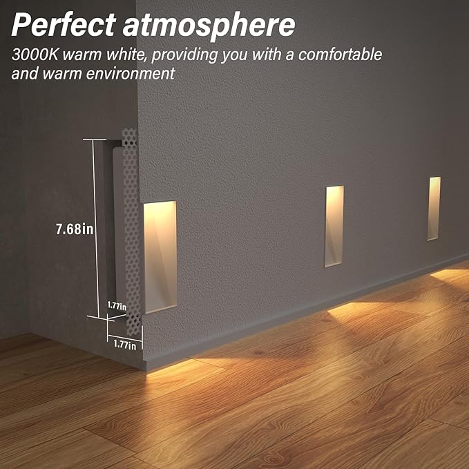 4 Pack Trimless Recessed Step Lights, 2W 3000K Warm White Wall Light, Indoor Rectangle Skirting Board Lighting, Invisible Stair Lights for Hallway, Bedroom, Staircase (No Dimming)