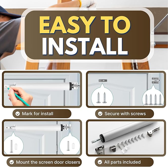 Heavy Duty Screen & Storm Door Closer Kit - Adjustable Spring Tension Mechanism for Smooth Quiet Closing - Universal Replacement for Home, RV & Commercial Doors