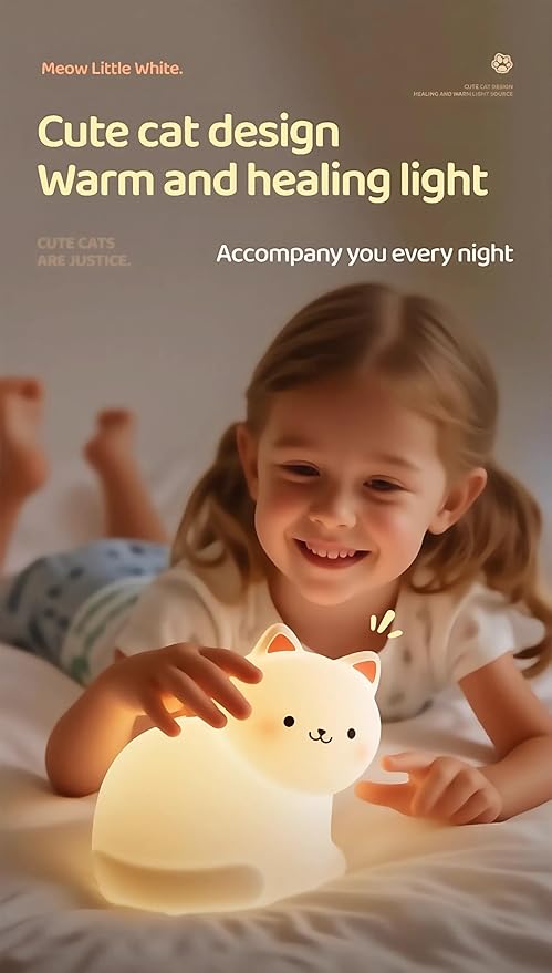 Cat Night Light for Kids,7 Colors Lamp,Tap Dimmable,Rechargeable Portable and Squishy Silicone Led Nightlight,Kawaii Gift,Timing Bedside Lamp,Nursery,Toddler,Breastfeeding,Kids Room Decor,Birthday