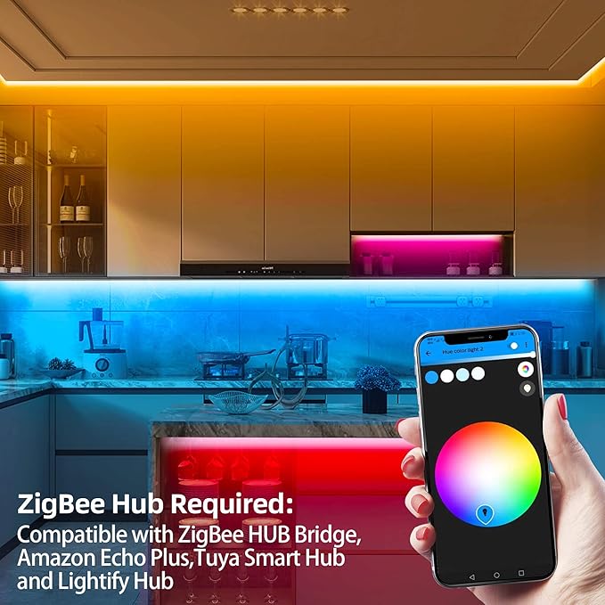 GIDEALED 65.6ft Smart Zigbee LED Strip Lights Kit with Zigbee 3.0 Controller, HUB Bridge Required, Work with Echo Plus Echo Studio Alexa Voice & APP Control RGB LED Lights for Bedroom Decoration