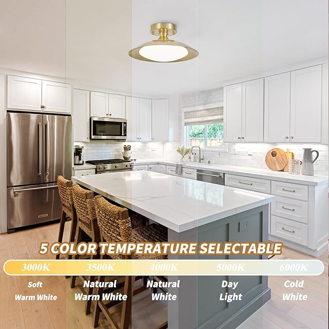 15.7" Dimmable Brass Ceiling Light Flush Mount Modern LED Lighting Fixture, 36W 5CCT 3000 K- 6000 K Ceiling Lamp for Bedroom Hallway Living Room Kitchen