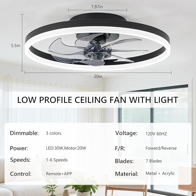 20" Low Profile Ceiling Fans with Lights and Remote & APP, Dimmable 3000-6500K LED Fandelier Ceiling Fan with Light, Modern Flush Mount Ceiling Fan Light for Living Room, Bedroom and Kitchen