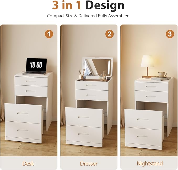 Solid Wood 3 in 1 Vanity Desk with Flip Top Mirror, No Assembly, Compact Vanity with Hidden Chair, Small Makeup Vanity Set with Power Outlet, Dressing Table for Bedroom, White