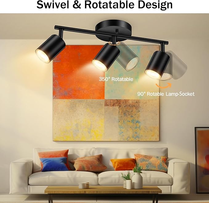 BoostArea LED 3 Light Track Lighting Kit, Black 3 Way Ceiling Spot Lighting, Flexibly Rotatable Light Head for Kitchen, Living Room, Bedroom, GU10 Bulb Not Included