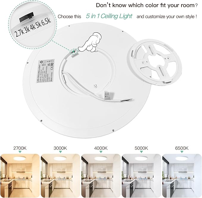 Brightever 15 Inch Large Flush Mount Ceiling Light Fixtures, 3800LM 300W Equivalent, 2700K-6500K Selectable, 0.67 Inch Extremely Thin 30W Modern Dimmable Flat LED Ceiling Lights for Bathroom, 2 Packs
