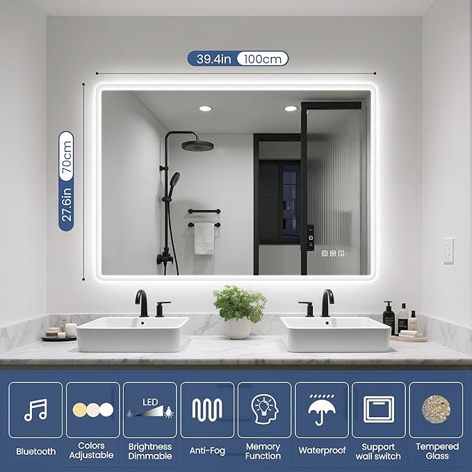 STARLEAD 40"x28" LED-Bathroom-Mirror-with-Lights, Wall-Mounted with Bluetooth Speaker, Anti-Fog, 3 Color Temperature, Dimmable Brightness, Waterproof, Tempered Glass, Frontlit & Backlit