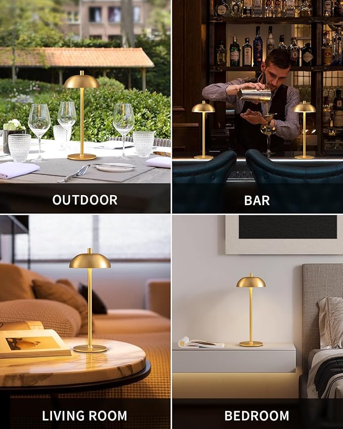 Cordless LED 12" Small Table Lamps Set of 2, Modern Portable Desk Lamp, 3 Color Dimming Rechargeable Battery Lights, for Bedroom, Outdoor, Restaurant, Bedside, Baby Night Light, Gifts (Gold)