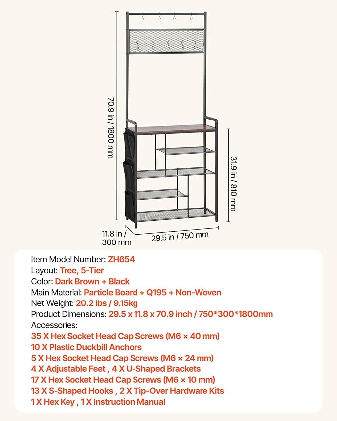 VEVOR Hall Tree, 70.9 in Coat Rack with Shoe Storage, Freestanding 4-Tier Shoe Rack Organizer with Hooks, Side Pocket and Wire Shelf, Steel Frame Entrance Coat Holder for Entryway, Bedroom, Closet